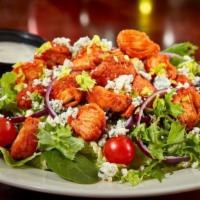 Kick-In Buffalo Chicken Salad · Fried Chicken Strips cut & tossed in Famous Hot Sauce, on bed of greens, cheese, tomato, bac...
