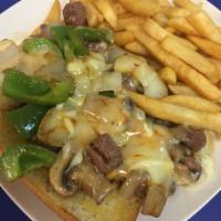 Steakinater Sandwich · Grilled Sirloin Steak, onions, bell peppers, & mushrooms, smothered in Monterrey Cheese, top...