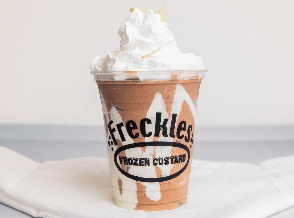 Crazy Cowboy · Chocolate custard blended with marshmallow cream and roasted almonds. Vegetarian.