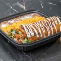 Steak Chimichanga · Stuffed with 3 cheese, pico de gallo, and sour cream. Topped with sour cream and served with...