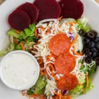 Small Green Salad · Lettuce, shredded mozzarella, black olives, shredded carrots and cabbage, and a pepperoni on...
