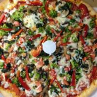 Vegetarian Pizza · Sauteed mushroom, fresh broccoli, spinach, roasted peppers, fresh tomatoes and fresh roasted...