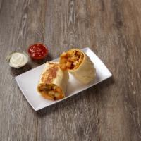 American Breakfast Burrito · Two farm fresh eggs, cheddar cheese and seasoned home fries. Served with sour cream and sals...