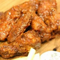 6 Piece Wings · Served with celery and choice of ranch or blue cheese dipping sauce.  Our all-natural wings ...