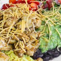 Jerk Grilled Chicken Burrito Bowl · Jerk grilled chicken, lettuce, black bean, rice, cheddar cheese, pico de gallo, guacamole, s...