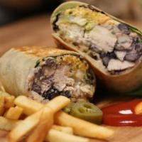 Jerk Grilled Chicken Burrito · Served with rice, black beans, Cheddar cheese, salsa, sour cream and choice of tortilla.