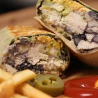 Jerk Grilled Chicken Burrito · Jerk grilled chicken, lettuce, black bean, rice, cheddar cheese, salsa, guacamole, sour crea...