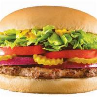 Hunger Buster Burger · 1/4 lb. grilled beef patty topped with crisp lettuce, ripe tomatoes, white onions, tangy pic...