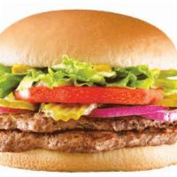 Belt Buster Burger · Two 1/4 lb. grilled beef patties topped with crisp lettuce, ripe tomatoes, white onions, tan...