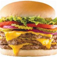 Triple Buster with Cheese Burger · Three 1/4 lb. grilled beef patties with triple cheese topped with crisp lettuce, ripe tomato...