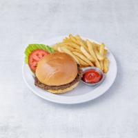 Hamburger Deluxe · Lettuce, tomato and onions. Served with french fries.