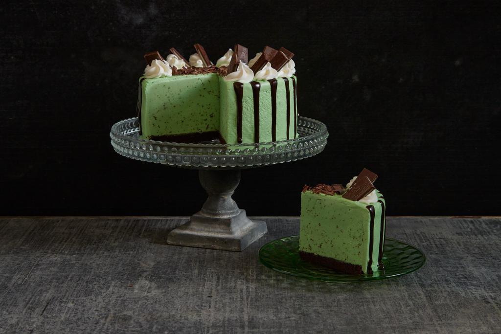 Mint Chocolate Meltdown · We DO NOT DO Any Writing or Custom made cake for all order through Third Party Delivery.  

The explosion of flavor starts with chocolate cake, Cool Mint Ice Cream, chocolate syrup and vanilla frosting. Topped with Andes® mints
