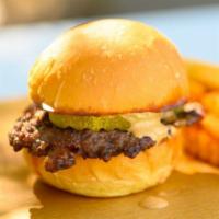 Veggie Slider · Black bean and veggie patty with pickles and beast sauce