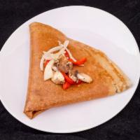 Crepe Vegetarienne · Mushrooms, onions, red peppers, and mozzarella cheese.