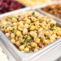 Chickpeas Salad (V, GF) · Cooked chickpeas, parsley, tomatoes, bell peppers and red onions.