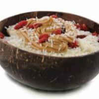 Finish Line Bowl · Blend: coconut water, guarana powder and banana. Toppings: granola, goji berry, banana, chia...