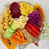 Rainbow Salad · Spinach, Chick Peas, Heart of Palm, Cucumber, Carrots, Cabbage, Bell Pepper, Sunflower Seeds...