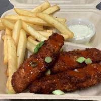Chicken Strip Basket · 3 pieces chicken with fries and choice of sauce.