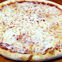 Cheese Pizza · Homemade pizza crust, mozzarella cheese, homemade pizza sauce.