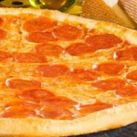 Pepperoni Pizza · homemade Pizza Crust, Pepperoni, Mozzarella Cheese, homemade Pizza Sauce