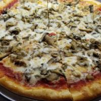 Mushroom Pizza · Homemade pizza crust, sliced mushrooms, mozzarella cheese, homemade pizza sauce.