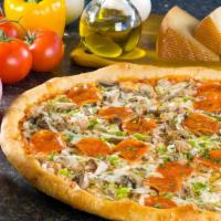 Supreme Pizza · homemade Pizza Crust, Sliced Mushrooms, Pepperoni, Crumble Sausage, Chopped Peppers, Mozzare...