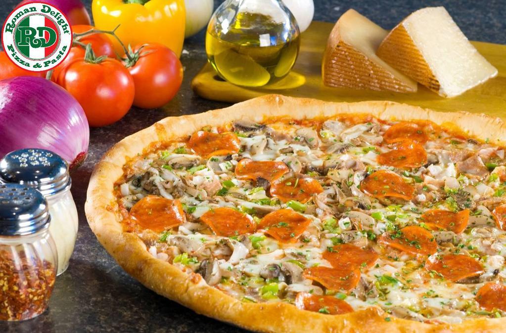 Supreme Pizza · homemade Pizza Crust, Sliced Mushrooms, Pepperoni, Crumble Sausage, Chopped Peppers, Mozzarella Cheese, homemade Pizza Sauce