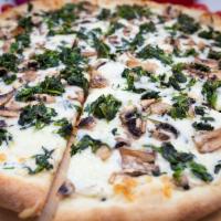 Spinach and Mushrooms Pizza · Homemade pizza crust, chopped spinach, sliced mushrooms, ricotta, romano and mozzarella chee...
