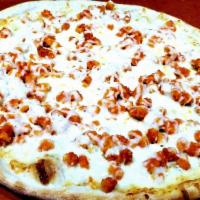 Buffalo Chicken Pizza · homemade Pizza Crust,  Chopped Italian Breaded Chicken, Blue Cheese Dressing, Mozzarella Che...