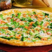 Vegetable Delight Pizza · homemade Pizza Crust, Fresh Chopped Tomatoes, Broccoli, Extra Virgin Olive Oil, Chopped Garl...