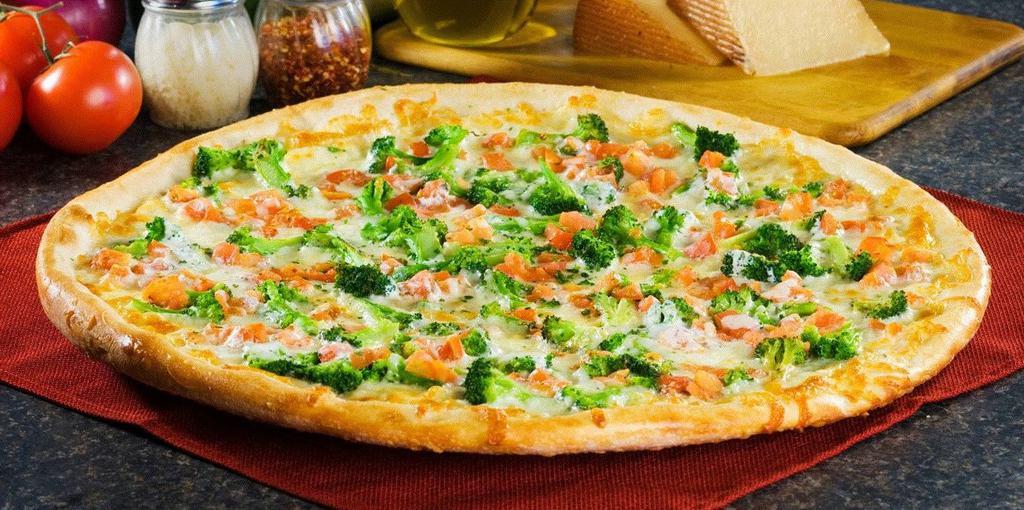 Vegetable Delight Pizza · homemade Pizza Crust, Fresh Chopped Tomatoes, Broccoli, Extra Virgin Olive Oil, Chopped Garlic Mozzarella Cheese