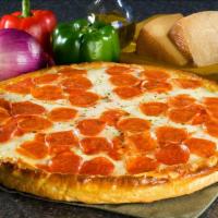 Sicilian Pepperoni Pizza · Homemade pizza crust, pepperoni, mozzarella cheese, homemade pizza sauce.