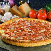 Sicilian Meat Lovers Pizza · homemade Pizza Crust, Pepperoni, Crumble Sausage, Chopped Bacon, Mozzarella Cheese, homemade...