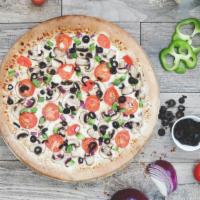 Veggie Pizza · Marinara Sauce, Mushrooms, Olives, Bell Peppers, Onions, Tomatoes.