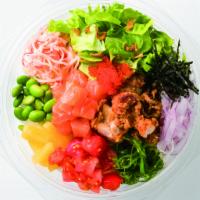 Chicken n Salmon Signature Bowl Small · Salmon, fried chicken, rice, lettuce, onion, tomato, crab flake, seaweed salad, pineapple, e...