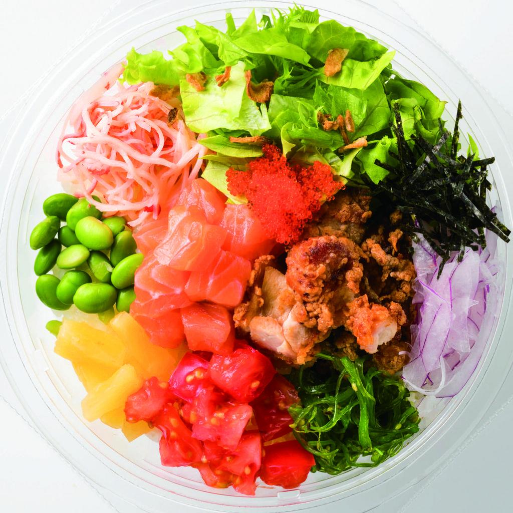 Chicken n Salmon Signature Bowl Small · Salmon, fried chicken, rice, lettuce, onion, tomato, crab flake, seaweed salad, pineapple, edamame, soy sauce, sesame seed oil, Masago, soybeans oil.
