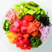 Ahi n Salmon Signature Bowl Small · Tuna, salmon, rice, lettuce, onion, tomato, crab flake, seaweed salad, pineapple, edamame, s...
