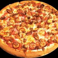 Meat Pizza · Ham, salami, pepperoni, linguica, sausage and meatballs.