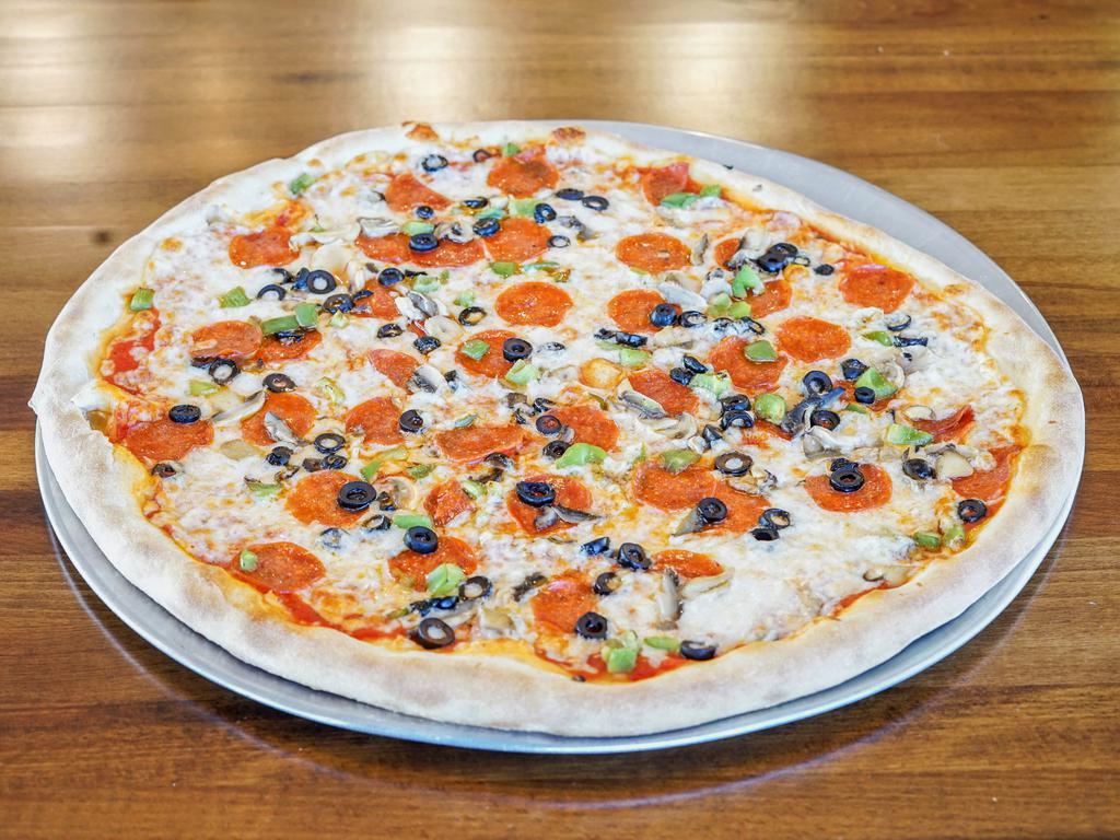 Supreme Pizza · Pepperoni, mushrooms, sausage, green pepper, onion, and black olives.