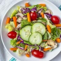 Garden Salad · Popular. Fresh, mixed green salad with, tomatoes, cucumbers, carrots, and garlic parmesan cr...