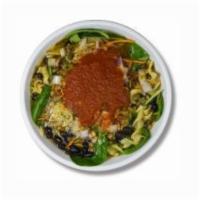 Layered Soup Bowl · Choice of protein with noodles, quinoa, black beans, carrot, onion, wheat berry, pumpkin see...