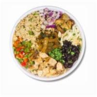 Cajun Rice Bowl · Brown rice, Blackened vegetable saute, black beans, onions, cilantro, croutons, bell peppers...