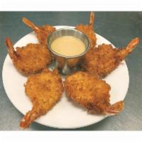 Cajun Butterfly shrimp (6) · Crispy batter fantail shrimp w/ cajun seasoning.