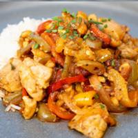 Kung Pao Chicken · Classic robust favorite of red chili and chicken stir fry with bell peppers and cashews serv...