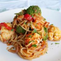 Vegan Pasta Primavera · Roasted peppers, grilled cauliflower, broccoli tossed with GF Spaghetti in our robust house ...