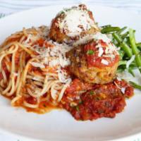 Spaghetti & Market Meatballs Marinara · Two luscious pork and beef meatballs slathered in house marinara sauce, shaved parmigiano an...