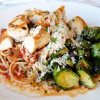 Spaghetti Marinara with Grilled Chicken · Spaghetti (GF) and grilled chicken tossed in our savory, robust house marinara sauce and ser...