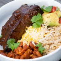 Burrito Bowl · Hearty preparation of beef barbacoa, stewed pinto beans, marble Jack cheese, brown rice, tom...