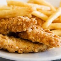Chicken Strips with Fries · Chicken strips deep fried and french fries.