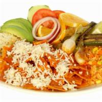 Chilaquiles · Tortilla slices with red or green tomatillo sauce. Served with rice and beans, topped with c...